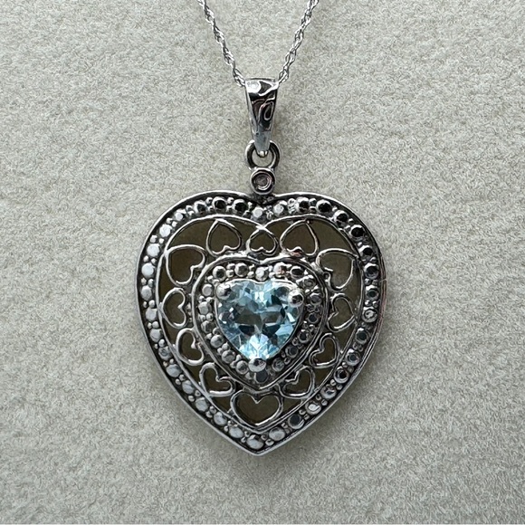 10K WG/925 Filigree Blue Topaz Heart Pendant Necklace - Picture 5 of 16